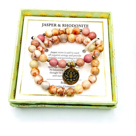 Shivam Jasper & Rhodonite Beaded Bracelet with Lotus Charm - Picture 1 of 7